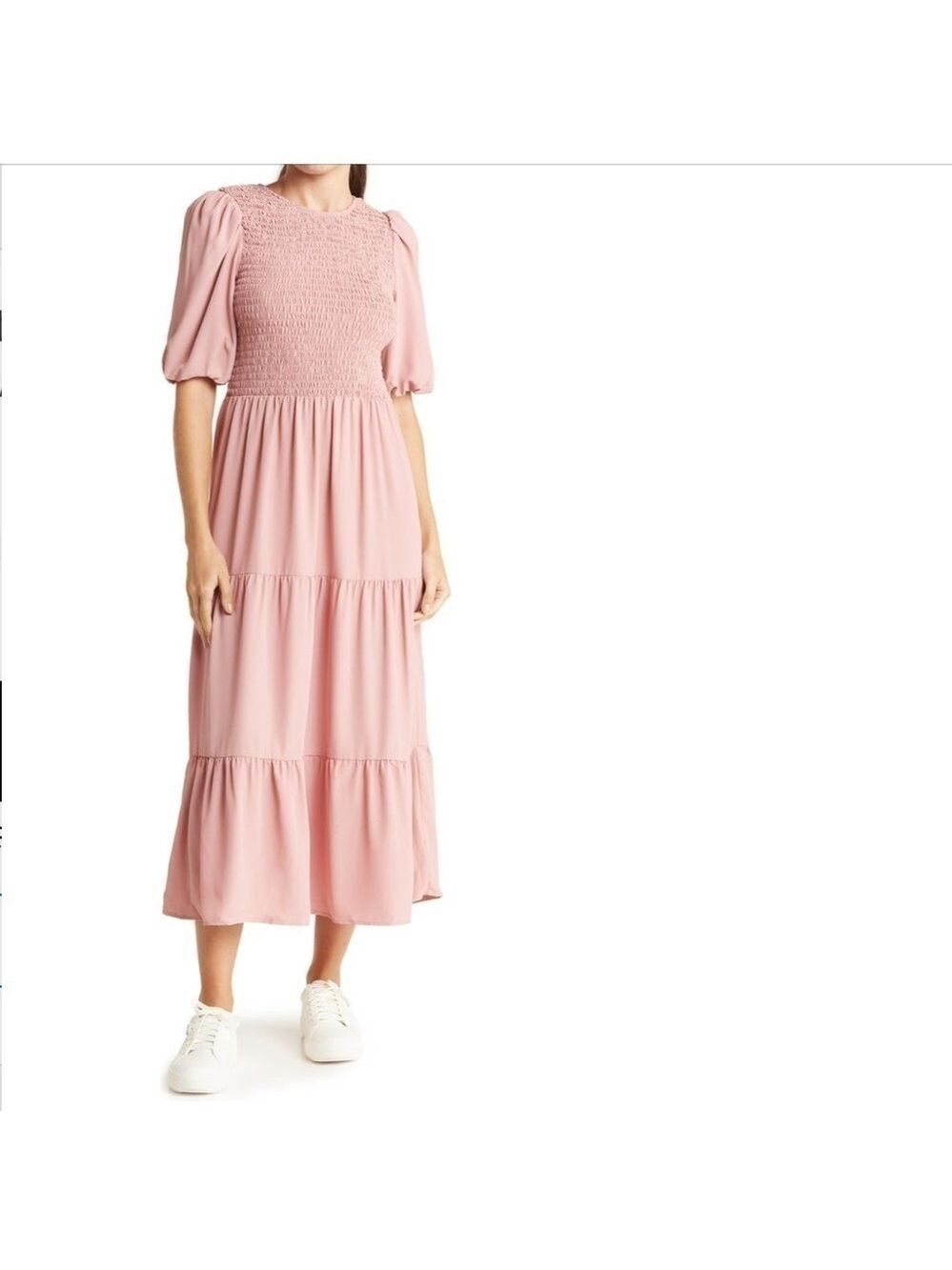 𝅺short Sleeve smocked Tiered Midi Dress
